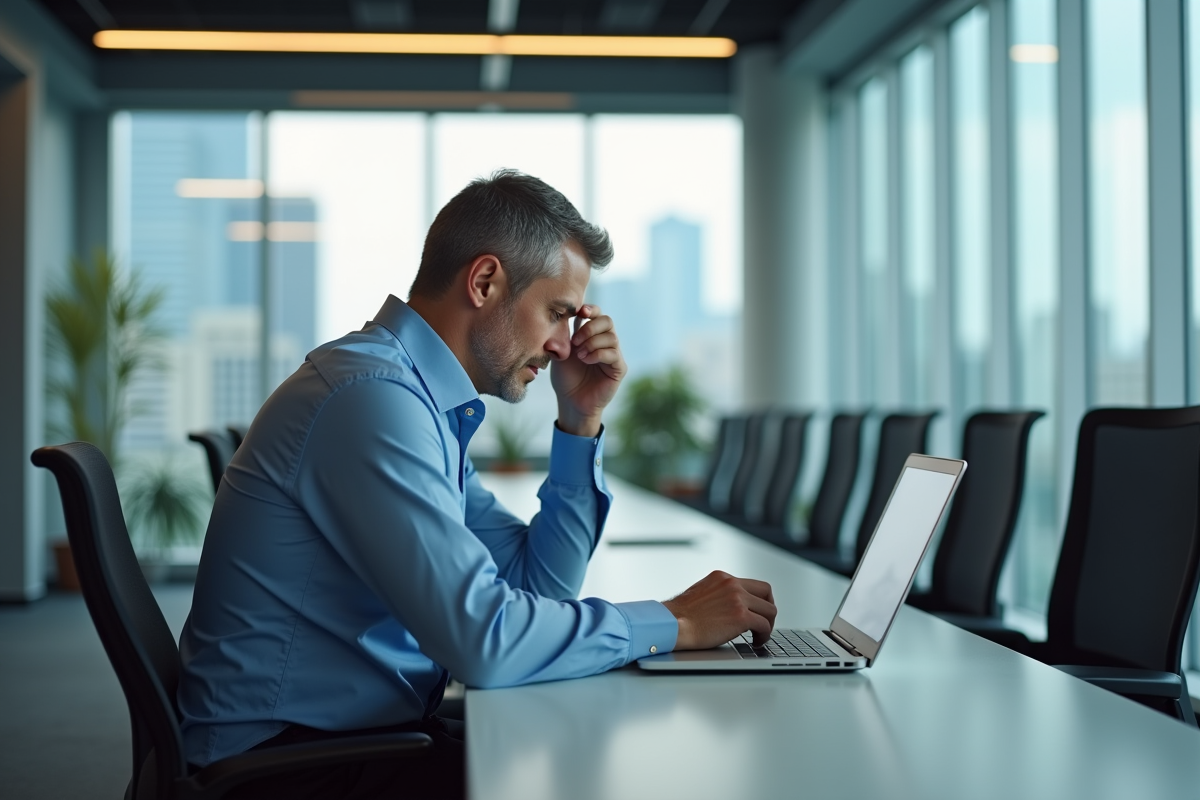 Homme d'affaires assis seul au bureau en pensant