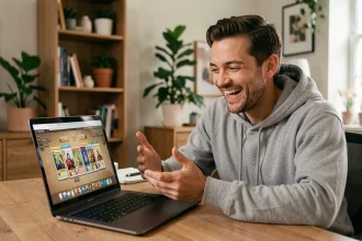 Homme jouant à la coinche en ligne sur son ordinateur portable depuis son bureau à domicile, riant et réagissant à une partie entre amis à distance