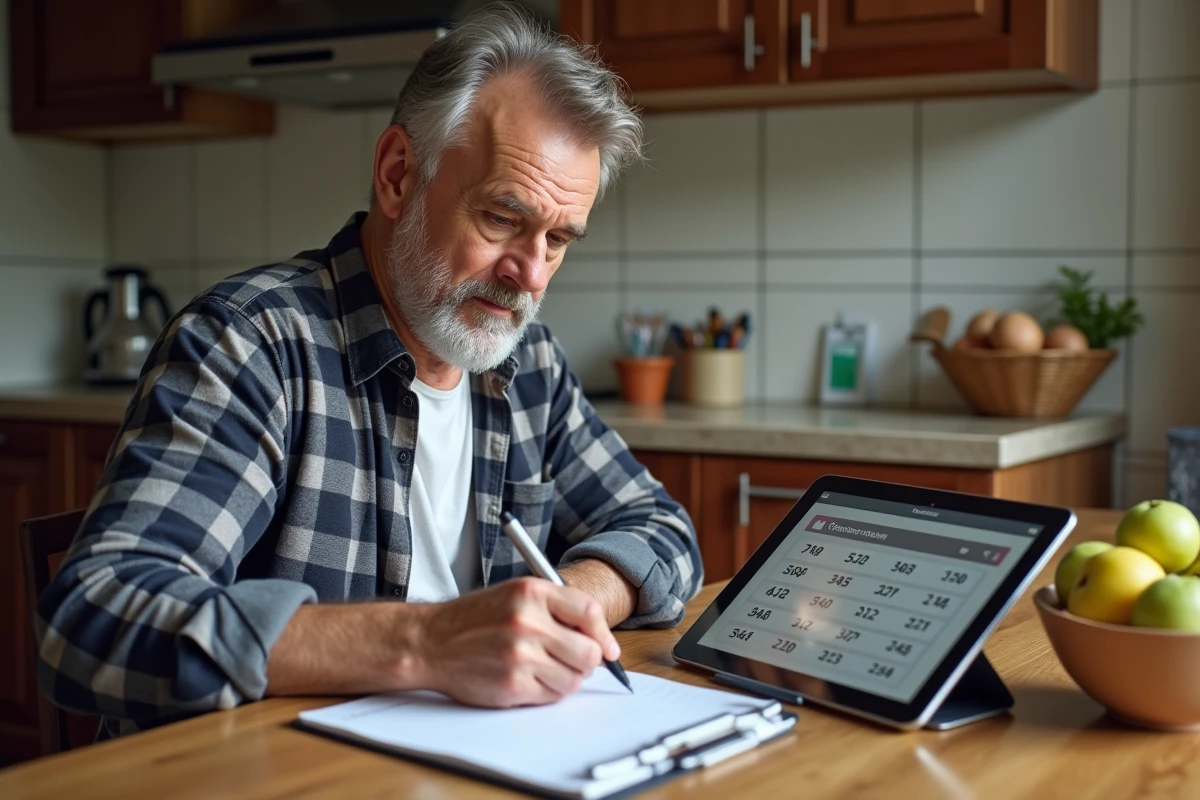 Homme remplissant une fiche de temps dans une cuisine chaleureuse