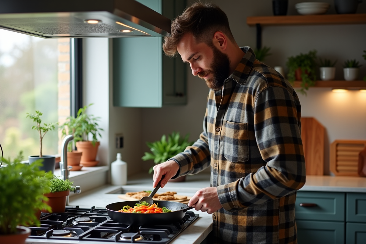 Homme avec barbe cuisinant des légumes dans une poêle en fonte moderne