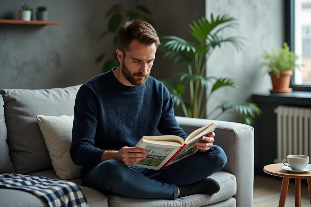 Homme adulte débutant lisant attentivement un guide illustré sur un canapé pour comprendre une nouvelle discipline avant de commencer