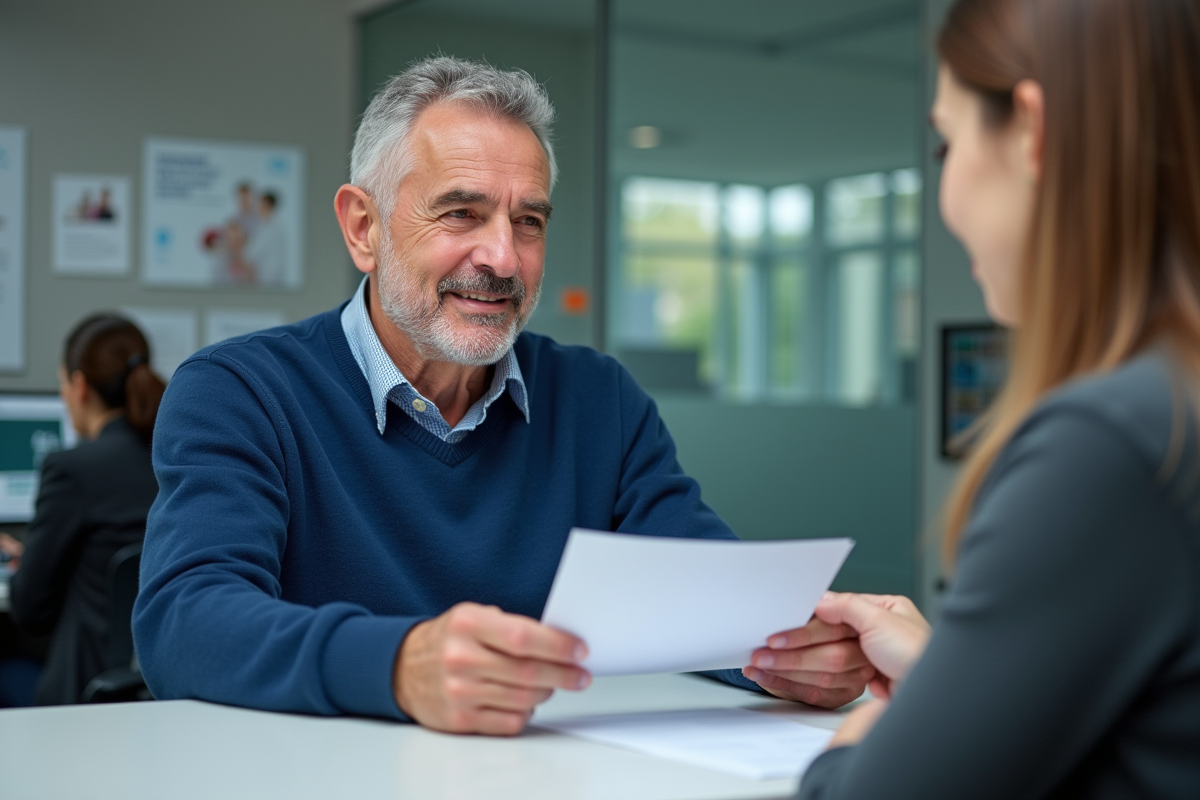 Homme remettant des documents à une agente dans un bureau