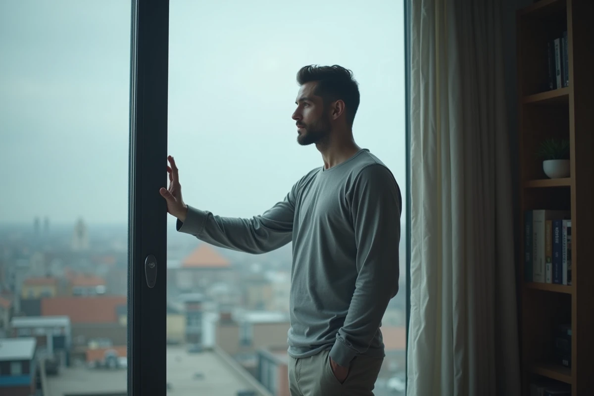 Homme pensif regardant par la fenêtre de son appartement, symbolisant l'introspection émotionnelle face à un amour à sens unique