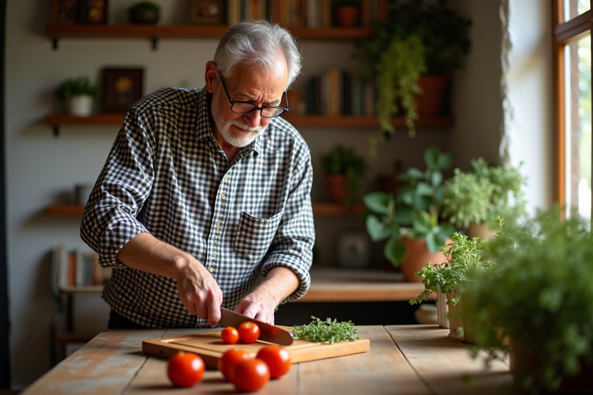 Homme âgé coupant une tomate dans une cuisine chaleureuse