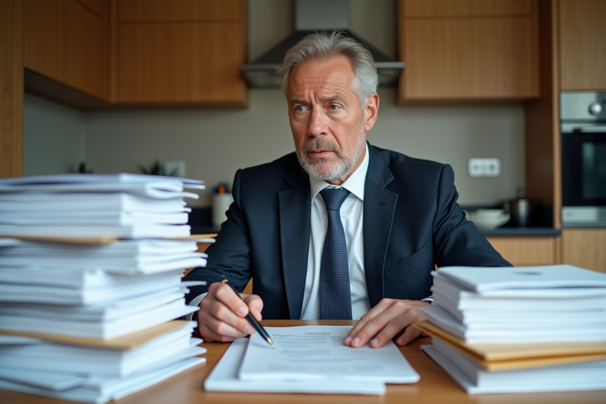 Homme d'affaires dans sa cuisine avec piles de documents fiscaux