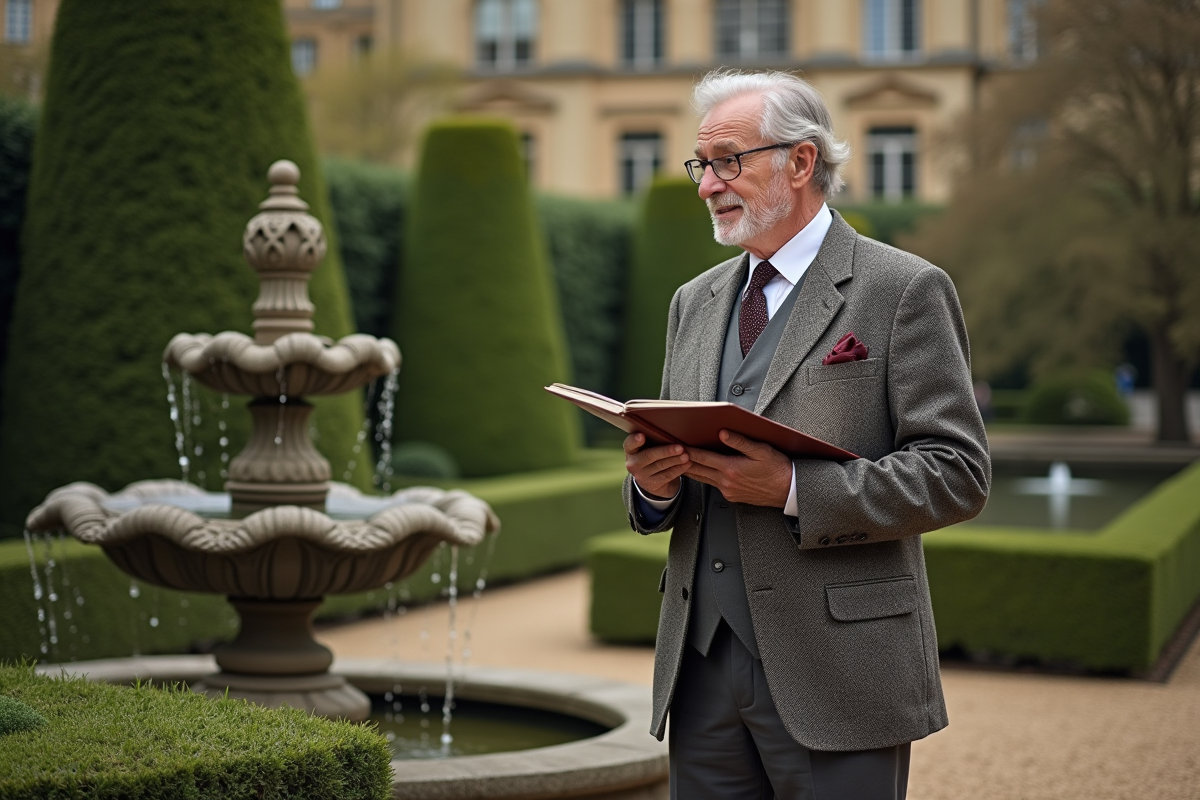 Homme en costume tweed dans un jardin parisien avec jeune couturiere