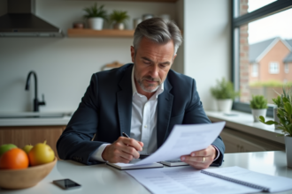 Homme d'âge moyen examinant documents de prêt immobilier