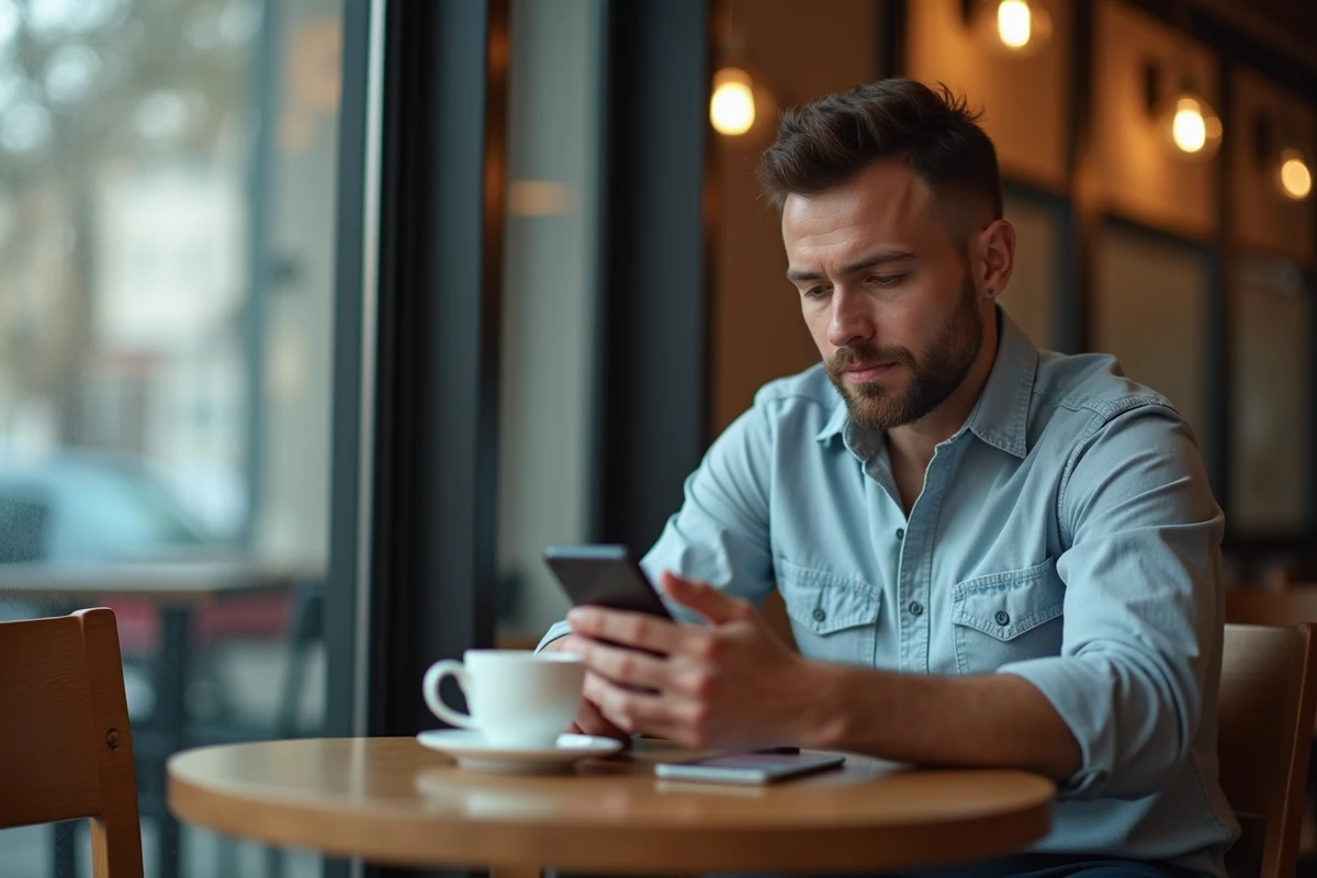 Homme lisant anonymement des histoires sur smartphone dans un café discret
