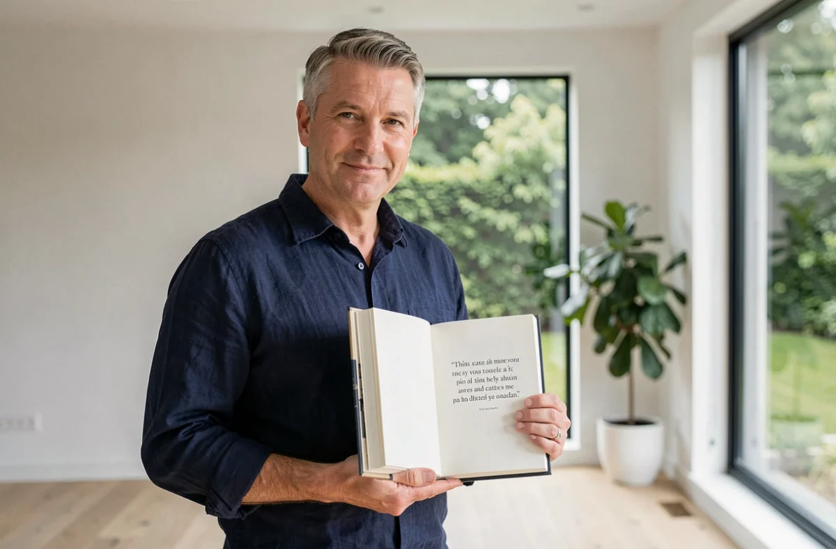 Homme tenant un livre de citations personnalisé dans un salon moderne avec vue sur jardin