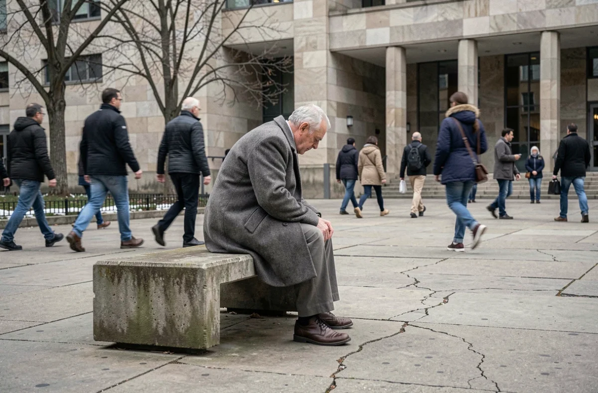 Homme âgé isolé sur un banc public dans une ville froide et indifférente, symbolisant la solitude et la violence sociale évoquées par la philosophie de Hobbes et l'expression homo homini lupus
