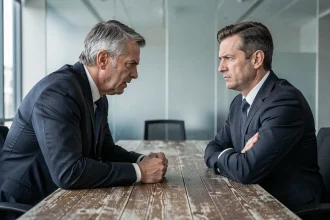 Deux hommes d'affaires en costume sombre face à face dans une salle de réunion, illustrant la rivalité et la compétition humaine pour une fiche de révision philosophique sur Hobbes