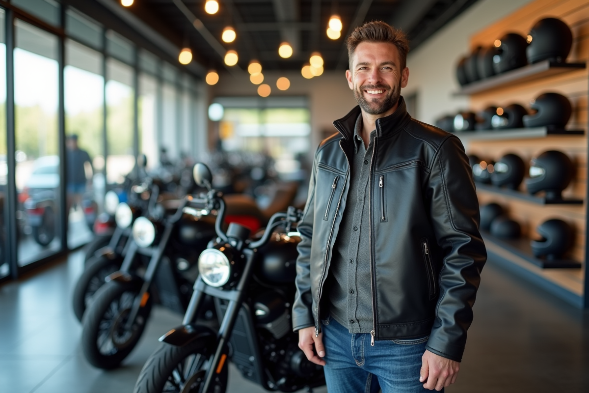 Homme souriant en moto dans un showroom moderne