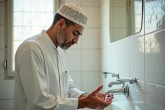 Homme musulman se préparant pour la prière dans une salle de bain modeste à Toulouse, rituel de purification avant le salat