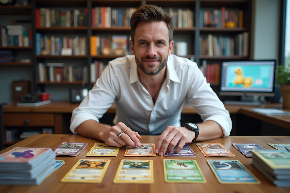 Homme adulte organisant des codes de cartes Pokémon TCG Online par niveau de jeu sur une table de bureau avec guides stratégiques