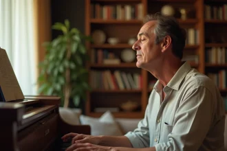 Homme jouant Mistral Gagnant au piano dans un salon chaleureux, expression concentrée et émotionnelle