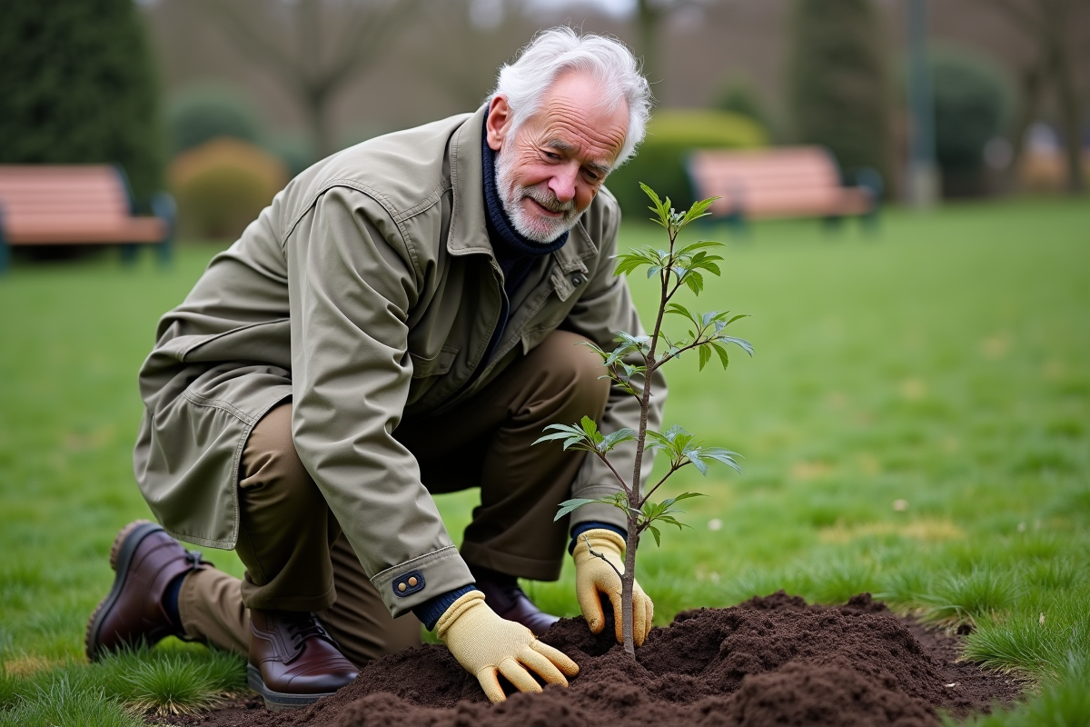 Homme âgé plantant un arbre dans un parc public
