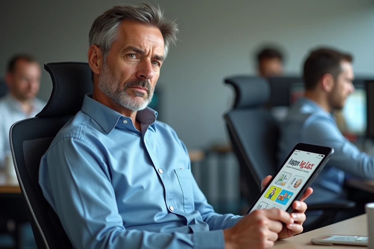 Homme en pause réfléchissant à la solution d'un mot de 7 lettres sur une tablette au bureau