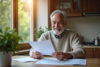 Homme d'un âge mûr souriant en lisant des documents financiers