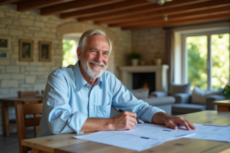 Homme d'âge moyen détendu gérant ses documents fiscaux dans une maison de campagne