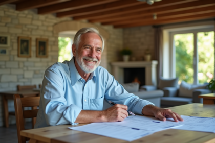 Homme d'âge moyen détendu gérant ses documents fiscaux dans une maison de campagne