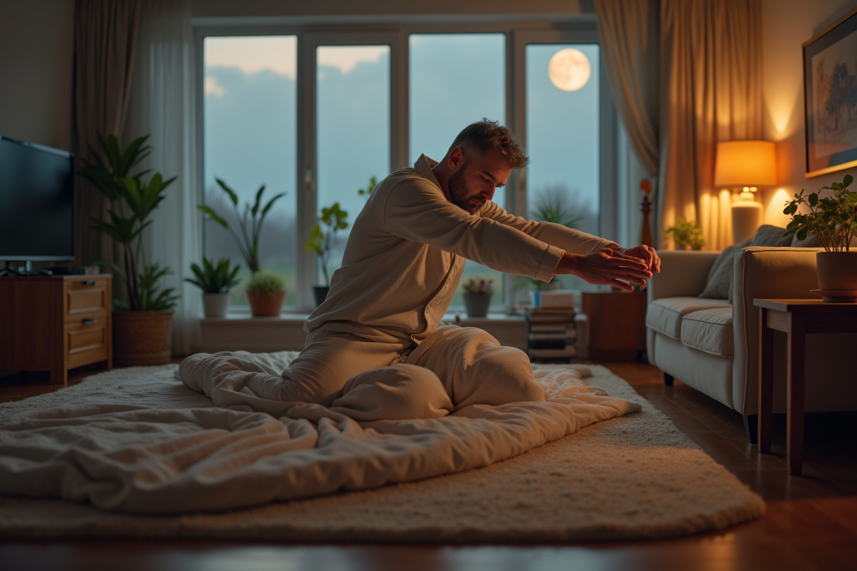 Homme se détendant dans son salon avant de dormir