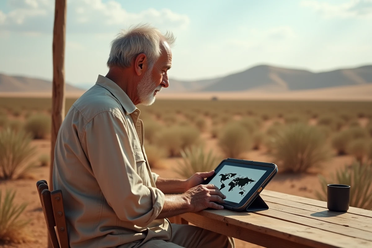 Homme agee regardant une tablette avec cartes des deserts