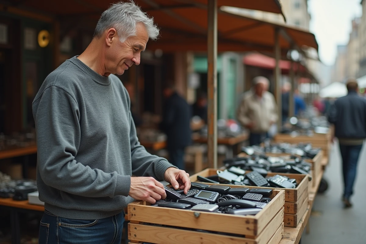 Un homme d'âge moyen examine un vieux téléphone Motorola Razr sur un stand de marché aux puces rempli d'anciens portables