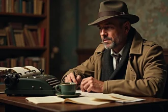 Homme d'âge moyen en trench et fedora écrivant à la machine