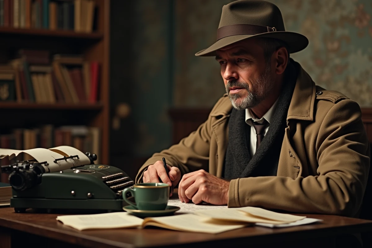 Homme d'âge moyen en trench et fedora écrivant à la machine