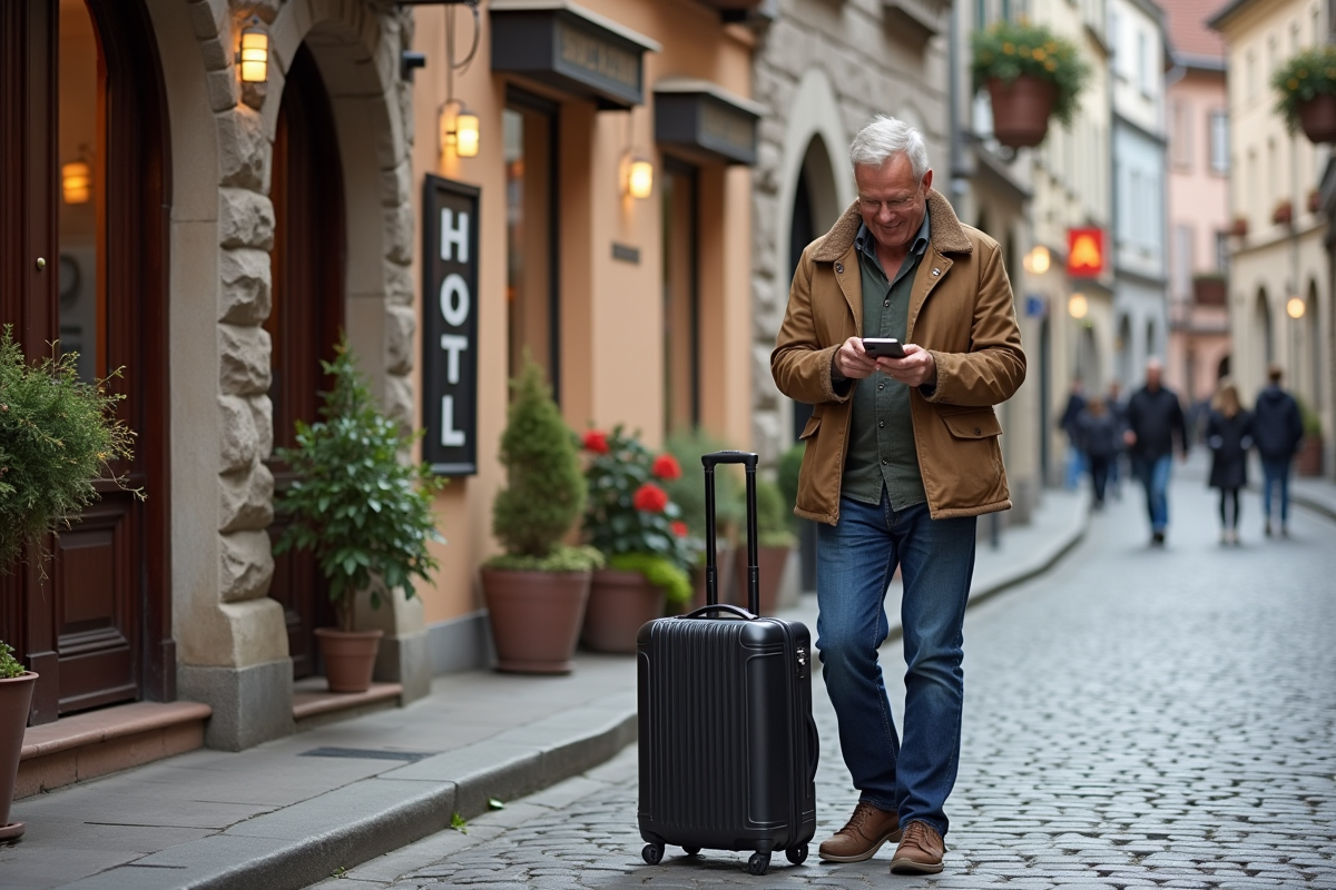 Homme vérifiant sa réservation devant un hôtel à Strasbourg