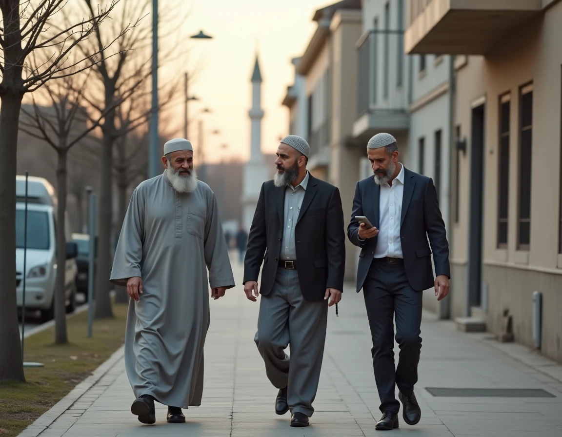 Groupe d'hommes musulmans se dirigeant vers la mosquée dans le quartier d'Empalot ou Bagatelle à Toulouse pour la prière