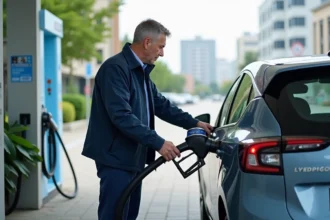 Ingénieur homme attachant une pompe à hydrogène à une voiture