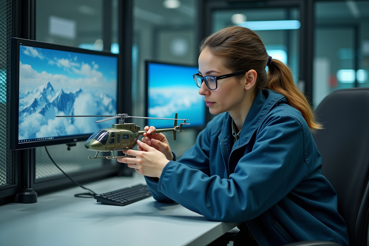 Ingénieure aéronautique inspectant un modèle réduit d