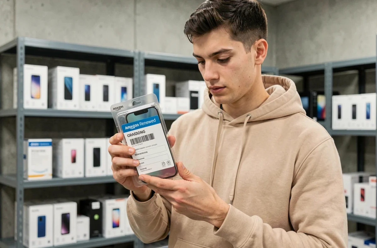 Jeune homme examinant un smartphone reconditionné en emballage Amazon Renewed dans un entrepôt de stockage