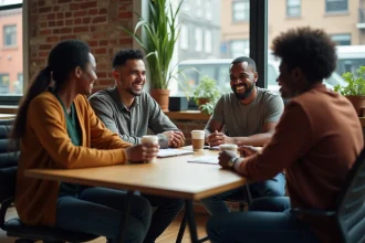 Groupe de collègues de cultures différentes autour d'une table, l'un d'eux mal à l'aise face à une blague déplacée en milieu de travail