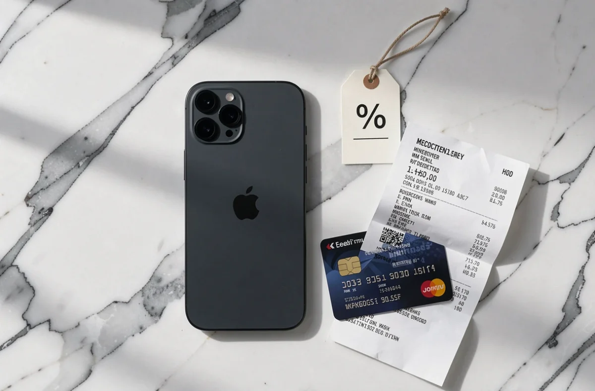 iPhone 14 posé sur du marbre avec une étiquette de réduction symbolisant les soldes et promotions French Days 2026