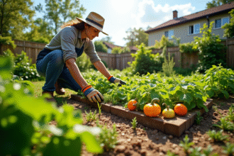 Jardin moderne en L avec légumes et fruits en pleine croissance
