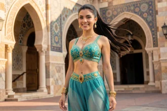 Jasmine princesse Disney en costume teal et bijoux dorés devant un décor de palais inspiré d'Agrabah dans un parc Disney