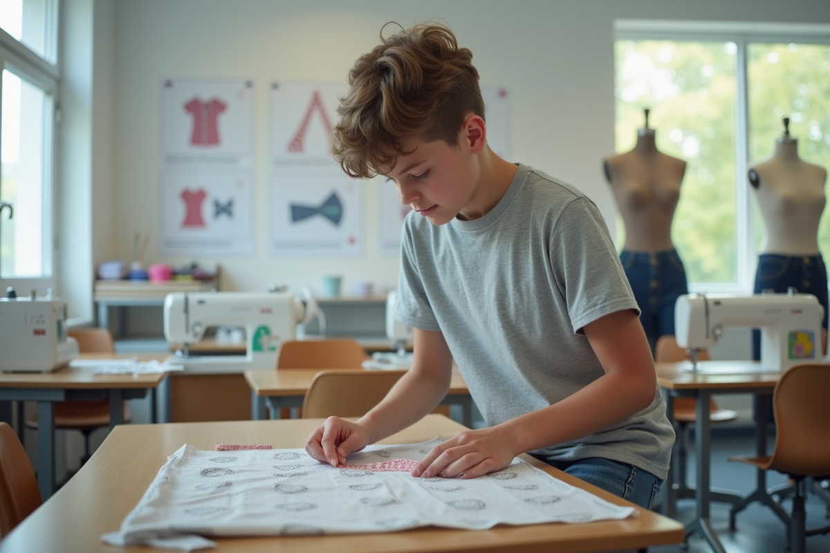 Adolescent mesurant un tissu dans une salle de couture moderne