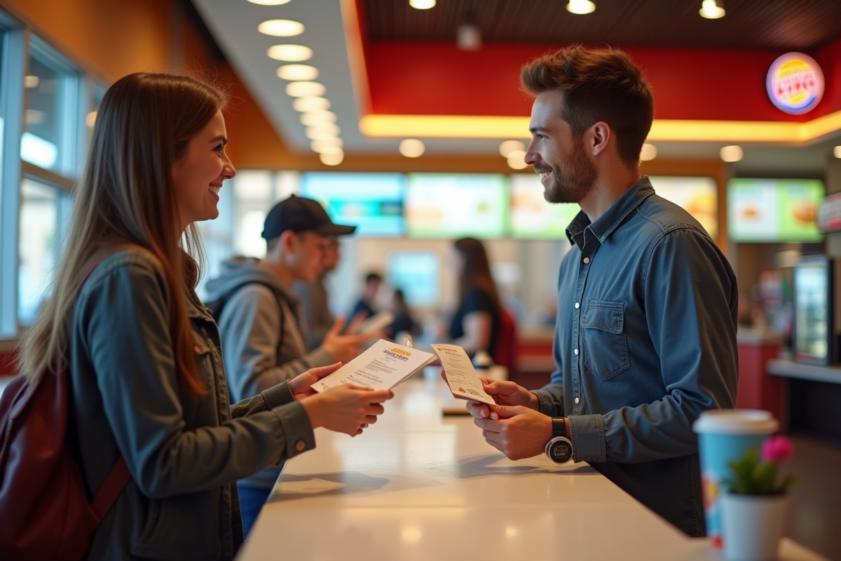 Jeune adulte remettant des vouchers et reçu à un comptoir Burger King
