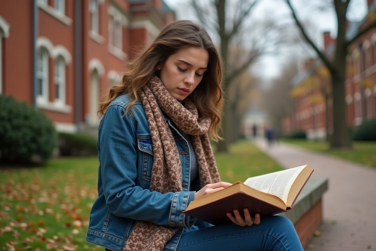 Etudiante universitaire lisant un livre sur la manifeste