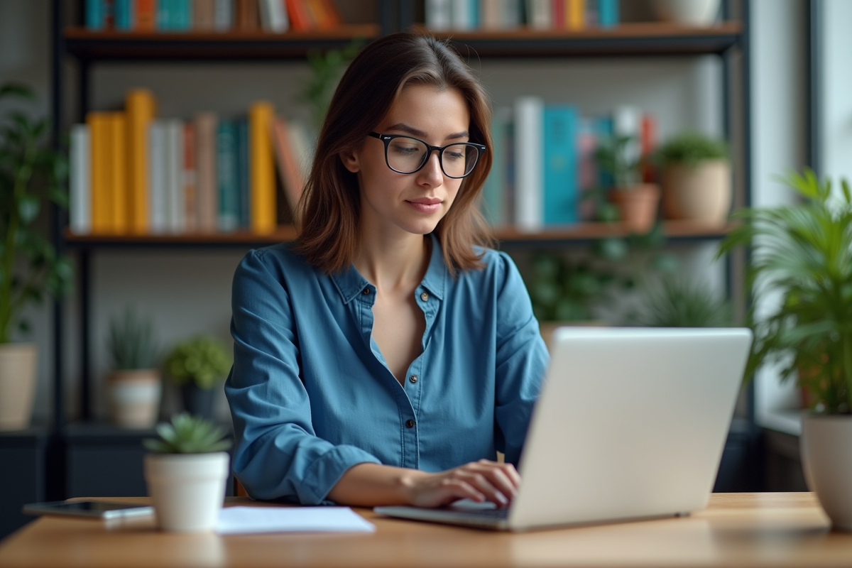 Jeune femme concentrée travaillant sur un ordinateur dans un bureau moderne