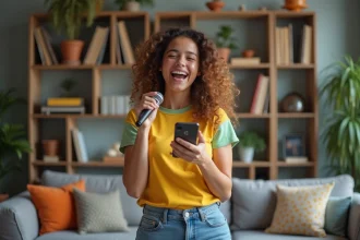Jeune femme chantant passionne dans un salon moderne