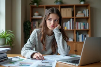 Jeune femme hésitante consultant des brochures de BTS sur son bureau à la maison après le bac