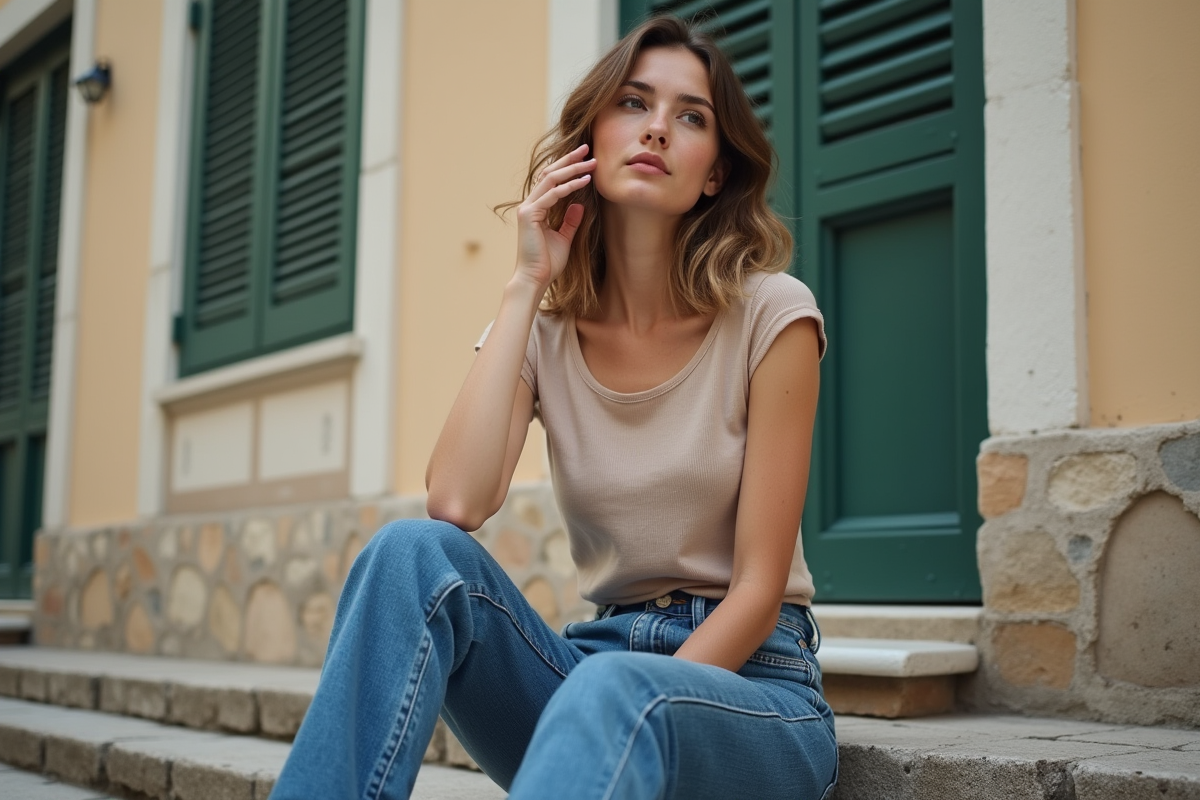 Jeune femme assise sur des marches en denim bleu