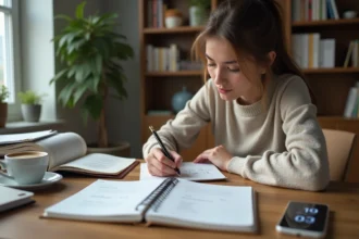 Jeune femme écrivant une formule de conversion dans un carnet