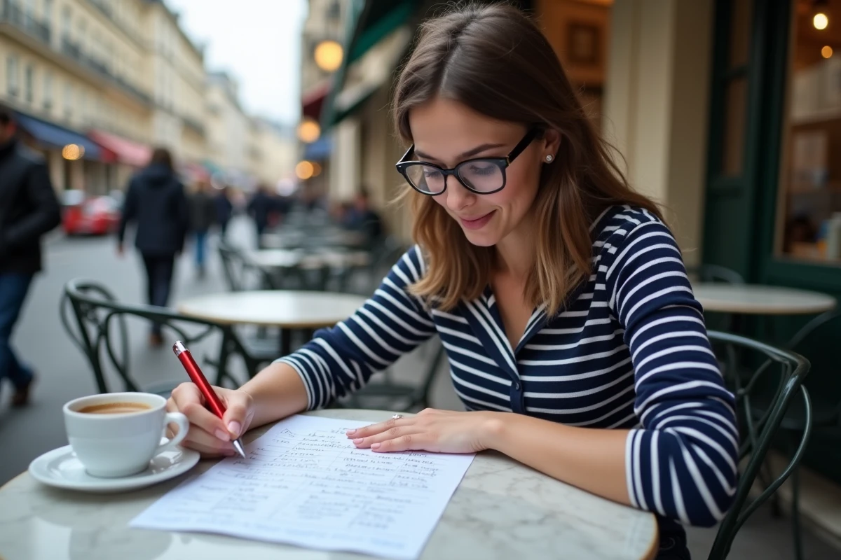 Jeune femme relisant une fiche de grammaire française annotée dans un café parisien, stylo rouge à la main pour corriger les fautes d'orthographe