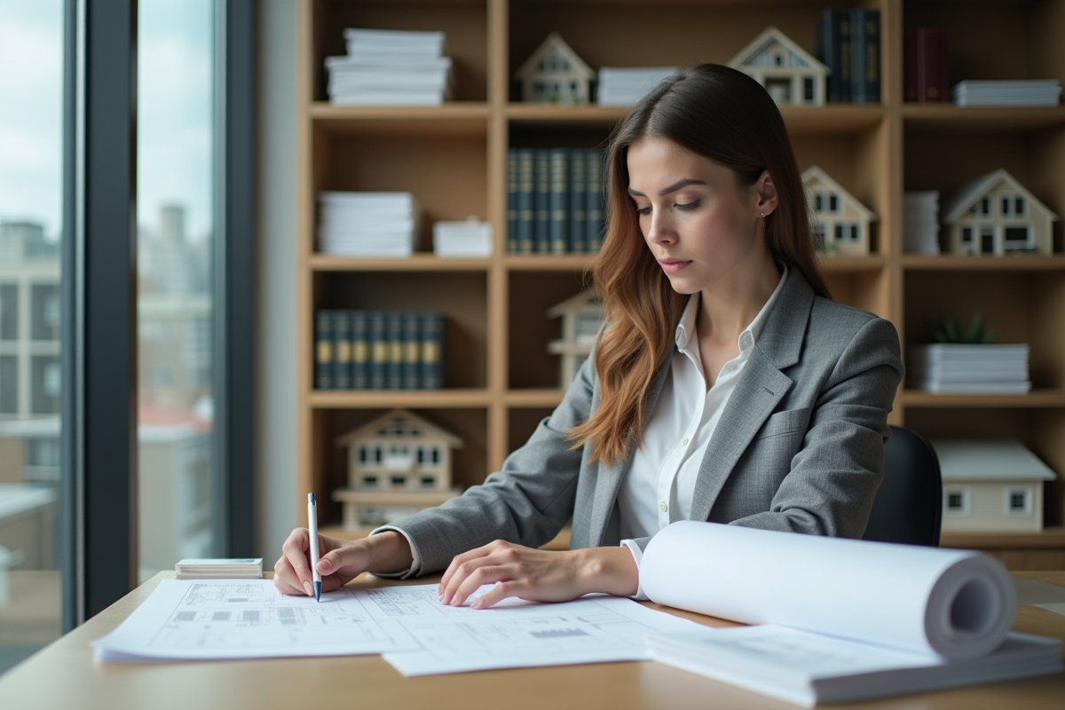 Jeune femme examinant des plans dans un bureau moderne