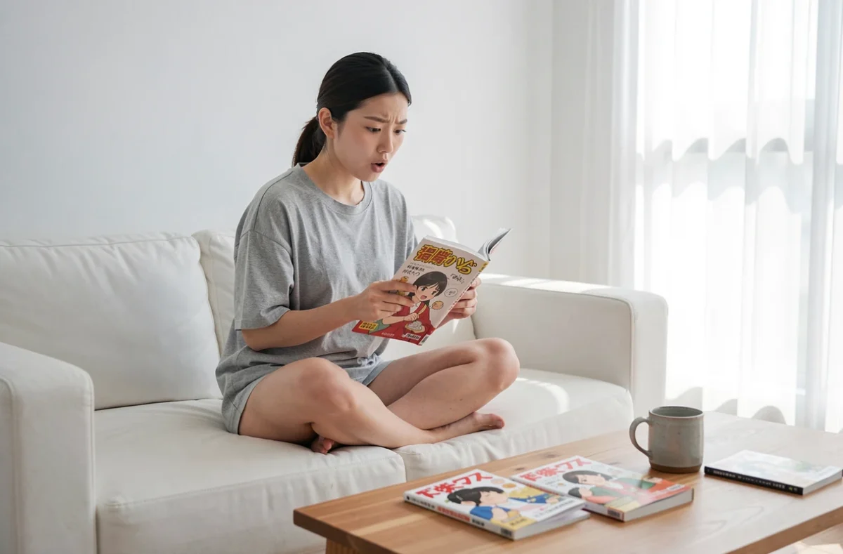 Jeune femme lisant un chapitre de One Piece sur un canapé dans un salon moderne épuré