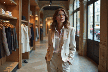 Jeune femme élégante dans une boutique de mode parisienne